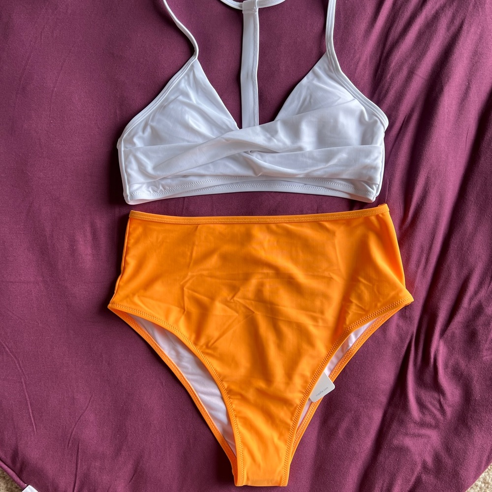 Cupshe White Bikini With Orange High Waisted Bottom